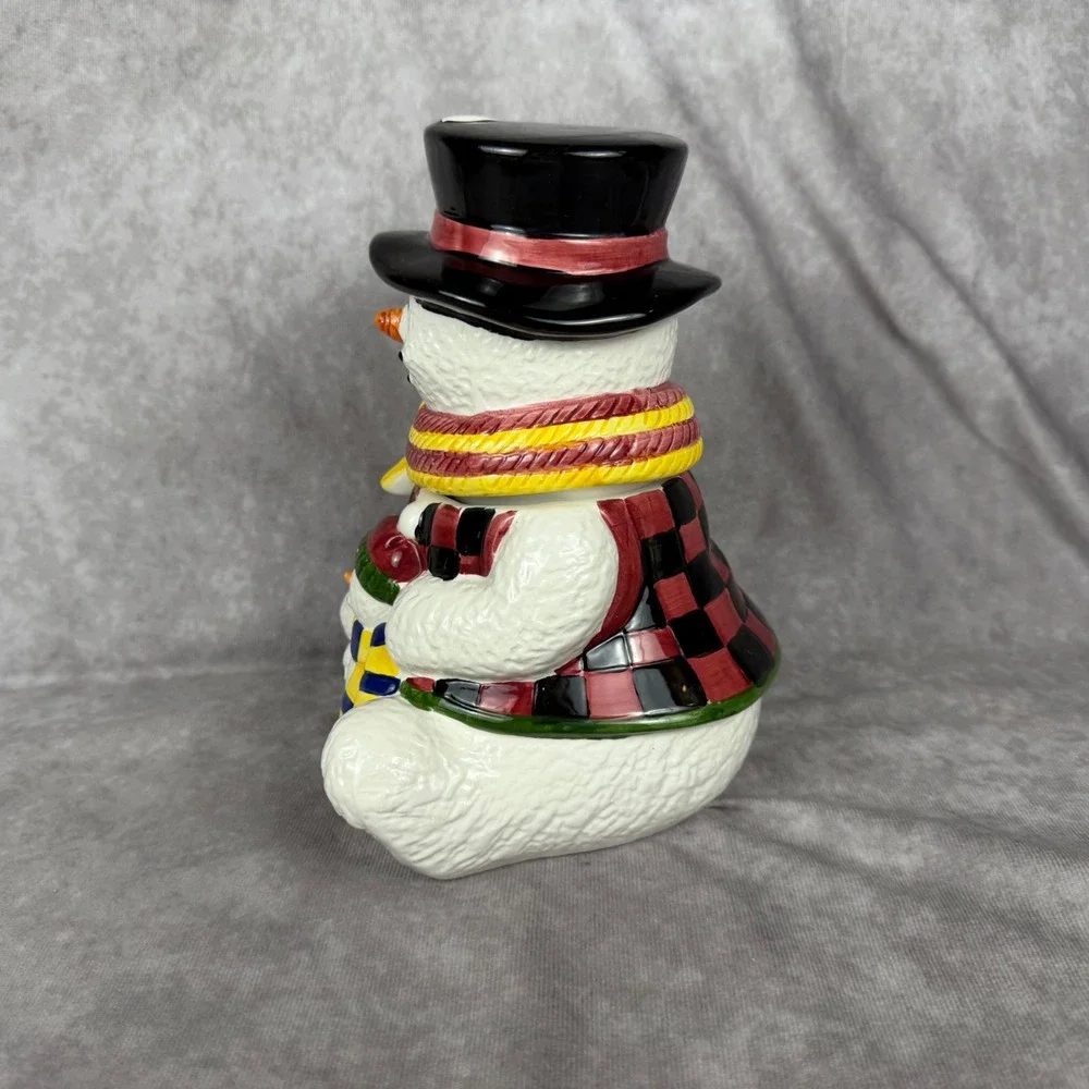 Vtg Snowman & Baby Cookie Jar Canister Ceramic Plaid Vest Christmas Holiday 9